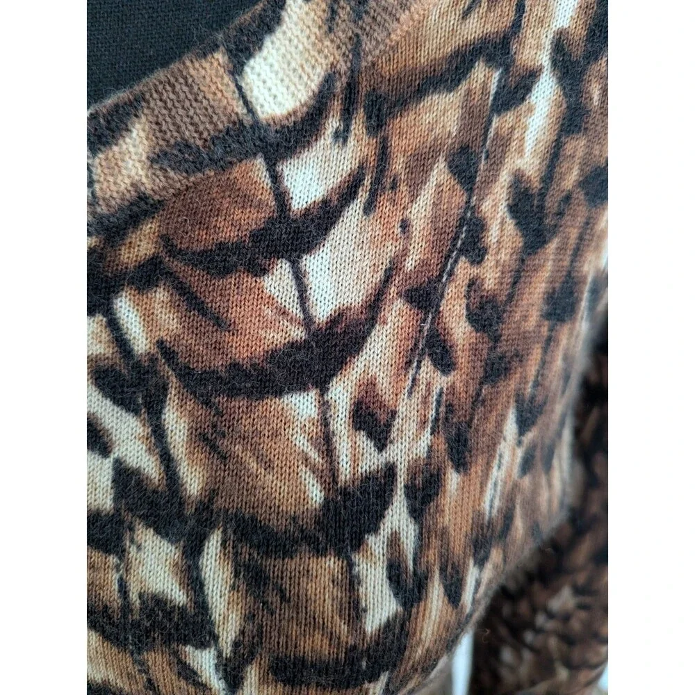 Talbots Pure Merino Wool Cardigan Sweater Womens XL Brown Feather Print Academia